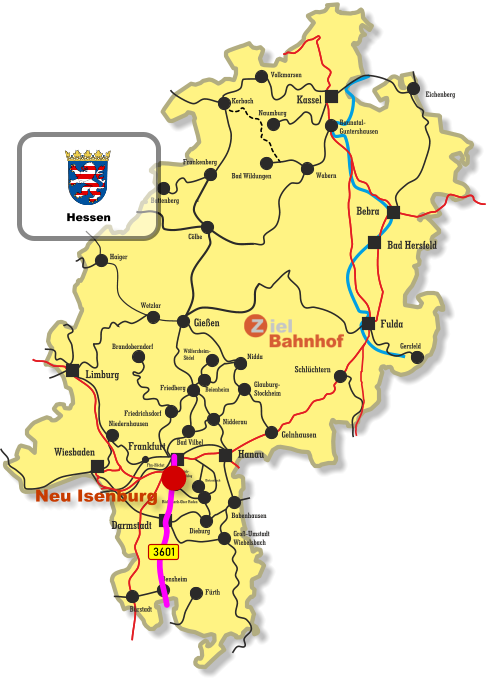 Baunatal- Guntershausen Bebra Kassel Wiesbaden Darmstadt Bad Hersfeld Fulda Hanau Limburg Frankfurt Wetzlar Gießen Haiger Cölbe Frankenberg Battenberg Eichenberg Volkmarsen Naumburg Bad Wildungen Wabern Gersfeld Schlüchtern Friedberg Niedernhausen Friedrichsdorf Brandoberndorf Nidda Beienheim Wölfersheim- Södel Korbach Gelnhausen Glauburg- Stockheim Nidderau Bad Vilbel Babenhausen Dieburg Dietzenbach Rödermark-Ober Roden Dreieich- Buchschlag Groß-Umstadt Wiebelsbach Fürth Bensheim Bürstadt Ffm-Höchst 3601 Neu Isenburg Hessen